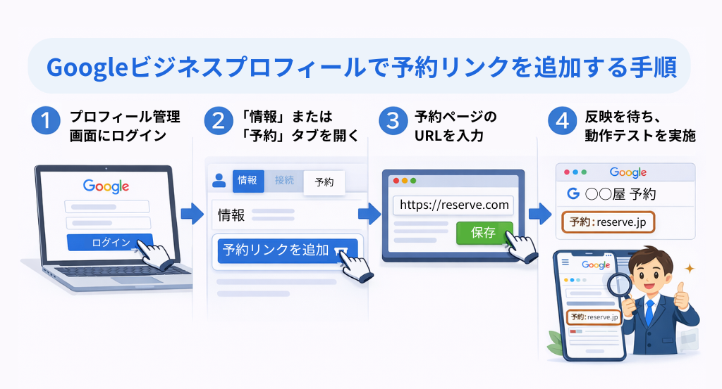 予約リンクを追加する4ステップの解説図（管理画面→予約タブ→URL入力→保存）